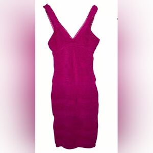 Not worn- v neck lined Rayon Knit Bodycon bandage  Midi  Raspberry Pink dress